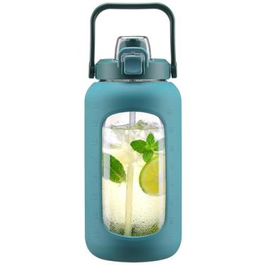 Imagem de Garrafa de água de vidro de 2041 g com canudo e tampa 2 em 1, garrafa de vidro motivacional grande com marcador de capacidade e manga de silicone, jarro de água de 2,1 litro para casa, esportes