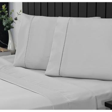 Imagem de Jogo de Lençol Casal Percal 400 Fios 4 Peças – Lençol com Elástico, Antiácaro, Anti-Pilling, Ponto Palito(Cinza)