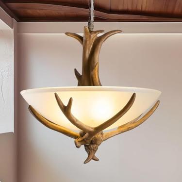 Imagem de Lustre rústico de chifres com 3 lâmpadas, luminária pendente de chifres para ilha de cozinha, iluminação de resina para sala de jantar, lustres de estilo fazenda com cúpula de vidro para sal