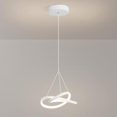 Imagem de Luminária pendente linear torcida, com faixa de metal branco e cúpula de silicone, lustre LED moderno, luminárias suspensas geométricas para sala de jantar, luminárias pendentes minimalistas