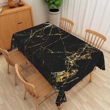 Imagem de SIEDYCV Toalha de mesa luxuosa de mármore preto e dourado, 152 x 250 cm, tecido de textura marmorizada, natural, poliéster, antirrugas, lavável, capa de mesa retangular para decoração de casa de campo