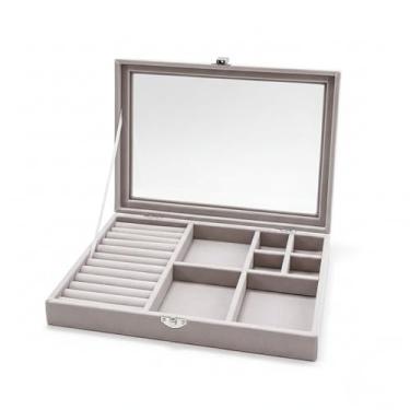 Imagem de Estojo Porta Joias Organizador com Divisórias e Visor transparente - Acabamento Aveludado e Fecho Metálico – Para Brincos, Anéis, Pulseiras e Colares (Grafite)