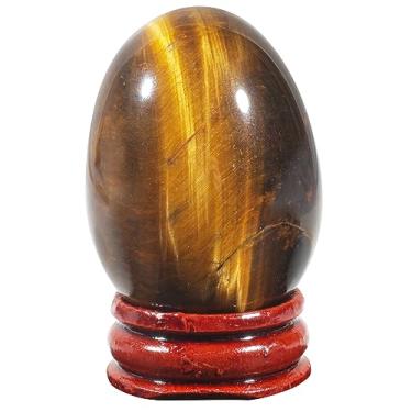 Imagem de Casaper Ovo de olho de tigre natural de 5 cm com suporte de madeira para decoração de casa, estatuetas de Fengshui com esfera de palma de cristal polido Reiki curativo