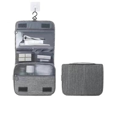 Imagem de Necessaire Organizadora Dobrável com Gancho – Bolsa Portátil Feminina para Viagem, Higiene Pessoal e Maquiagem(Cinza)
