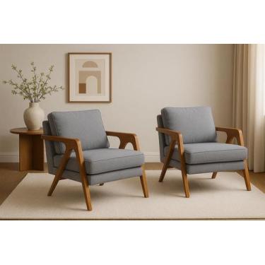 Imagem de Kit 2 Poltronas Decorativa Braço de Madeira Mona Linho - RK Martins