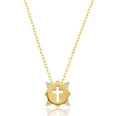 Imagem de Colar 45cm com Pingente Cruz Redonda e Zircônias - Prata banho Ouro - 