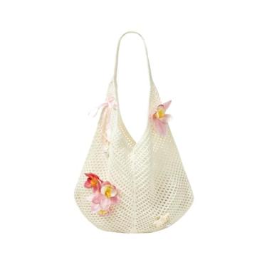 Imagem de SweatyRocks Bolsa feminina de crochê para praia, 3D, floral, férias de verão, bolsa de ombro, Bege, One Size