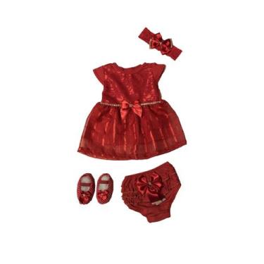 Imagem de Kit Vestido Calcinha Sapatinho Laço Roupa Bebe 0-6 meses 4pc - Lala Lu