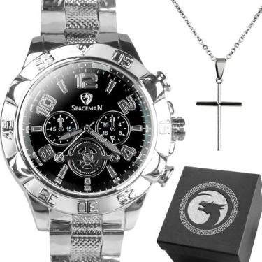 Imagem de Relógio Masculino Analógico Aço Inox Prata Prova dÁgua Kit Cordão Corr