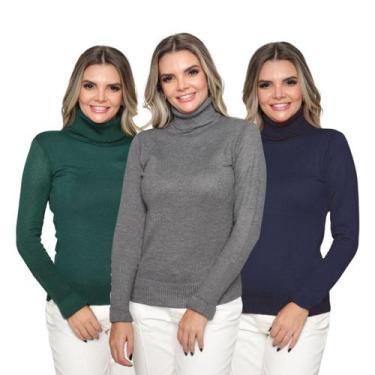 Imagem de Kit 3 Blusas Feminina Tricô Manga Longa Gola Alta Lã Inverno Casual - 