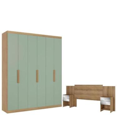 Imagem de Guarda Roupa Casal Milan 6 Portas Capuccino Menta Acetinado e Cabeceir