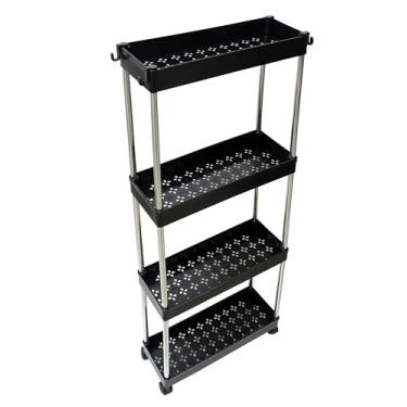 Imagem de Carrinho Organizador com 4 Prateleiras e Rodinhas, 37x13x86cm, Estrutura em Metal com Ganchos (Preto)