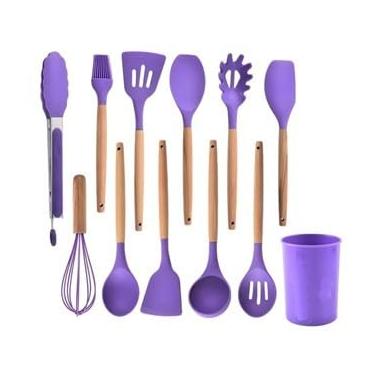 Imagem de Jogo de Cozinha Kit C/12 Pçs de Silicone Utensílios e Copo Suporte para Cozinha Cabo de Madeira Su(12 Peças-26.5CM-Roxo)