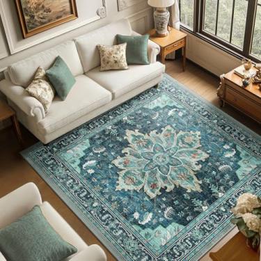 Imagem de RELEANY Tapetes quadrados de 1,8 m, lavável, antiderrapante, floral, vintage, estampado, medalhão, tapete para sala de estar, quarto, sala de jantar, verde-petróleo, azul lago turquesa