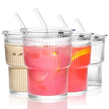 Imagem de Icesip Copo de vidro de 368,5 g com tampas e canudos, copo canelado, copo de café gelado à prova de vazamento, conjunto de 4 para suco de smoothie de refrigerante (transparente*4)