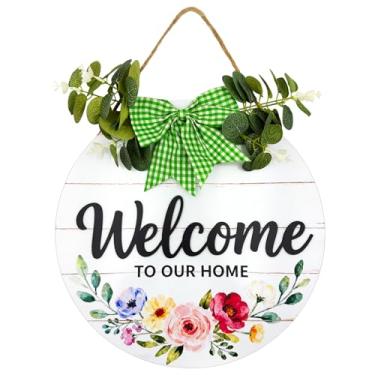 Imagem de Placa de boas-vindas redonda de madeira de 33 cm para decoração de porta e parede, sinal de guirlandas de madeira para pendurar em ambientes internos e externos, decoração de boas-vindas para cerca de