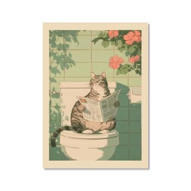 Imagem de Tela de arte de parede de banheiro japonês com gatos lidos jornal pôster de flores abstratas impressões de animais engraçados pintura zen minimalista decoração de banheiro spa para casa de banho