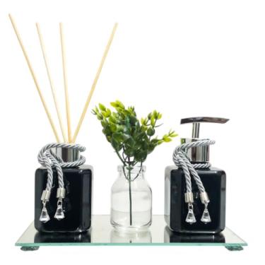 Imagem de Kit Lavabo Banheiro Completo com Aromatizador e Saboneteira 200ml Pet Bandeja Espelhada e Vaso Decorativo(Prime, Branco c/Dourado)