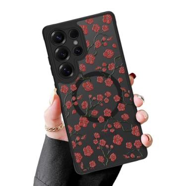 Imagem de MZELQ Capa magnética para Samsung Galaxy S25 Ultra, vermelho ameixa bossom floral [compatível com Magsafe Charging] Capa de proteção de câmera transparente fosca rígida à prova de choque para mulheres