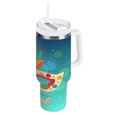 Imagem de Blueangle Copo isolado de máscara de carnaval de 1,134 g com alça e tampa de palha, caneca de viagem reutilizável de aço inoxidável (1004)