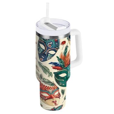Imagem de Blueangle Copo isolado com padrão de máscaras de carnaval de 850 g com alça e tampa de palha, caneca de viagem reutilizável de aço inoxidável (27)