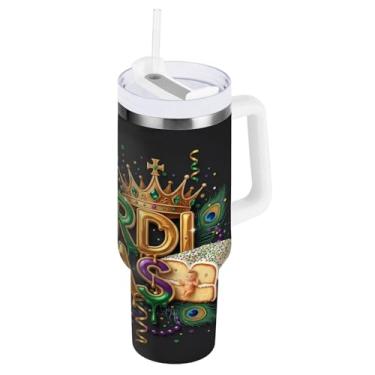 Imagem de Blueangle Copo isolado para Mardi Gras de 1,134 g com alça e tampa de palha, caneca de viagem reutilizável de aço inoxidável (845)