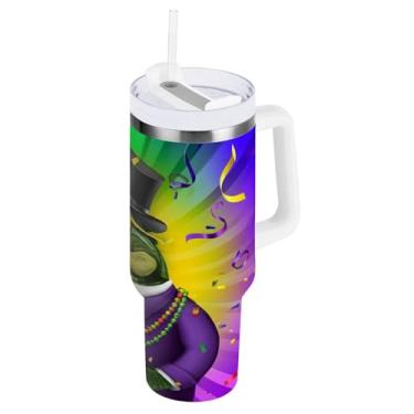 Imagem de Blueangle Copo isolado de crocodilo Mardi Gras de 850 g com alça e tampa de palha, caneca de viagem reutilizável de aço inoxidável (891)