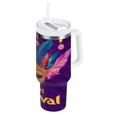 Imagem de Blueangle Copo isolado de máscara de carnaval de carnaval de 1,134 g com alça e tampa de palha, caneca de viagem reutilizável de aço inoxidável (884)