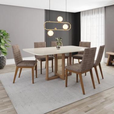 Imagem de Conjunto Mesa Natalí 160cm com Vidro 06 Cadeiras Elena Marrom/Off White/Cacao