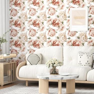 Imagem de Mangoloo Papel de parede floral peônia rosa branco boho papel de parede autoadesivo removível papel de contato floral retrô para armários meninas quarto prateleira forro de parede 17,5 x 102 polegadas