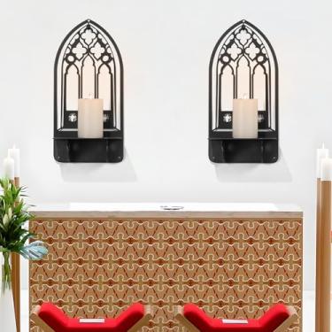Imagem de Castiçais pretos, castiçais de metal arqueados de igreja, suporte de vela de metal, castiçal, decoração de parede de arco rústico para sala de estar (preto 1, 14 x 30 cm, 1 peça)