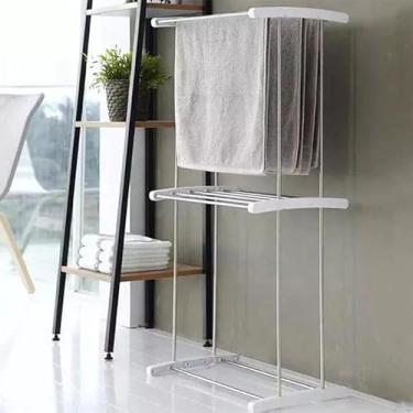Imagem de Varal de Chão 2 Andares, 120 cm, Estrutura em Aço Inoxidável com Base Branca, Design Compacto e Portátil para Secagem de Roupas