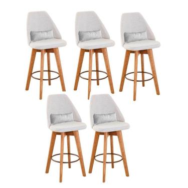 Imagem de Kit 05 Banquetas Alta Maya Giratória Com Encosto Linho Bege Claro e Almofada Corino Branco - Aurora Line
