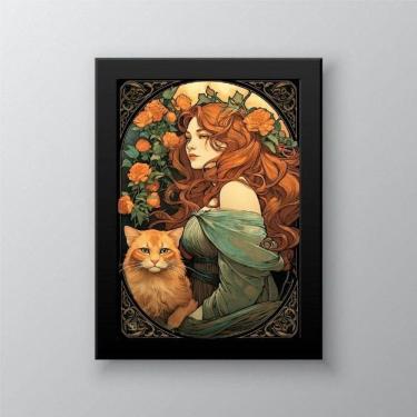 Imagem de Quadro mulher com gato art nouveau 45x34cm - vidro