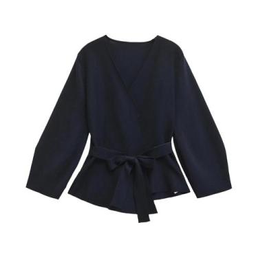 Imagem de Cardigã Feminino Slim Com Decote V, Suéter Fino De Tricô Com Faixas, C