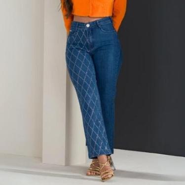 Imagem de Calça Feminina Jeans Reta Brilho Strass Cintura Alta Reta Skinny Lycra Elastano-Feminino