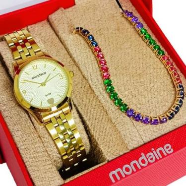 Imagem de Kit Relógio Mondaine Feminino Original Dourado Numerico À Prova D'Água