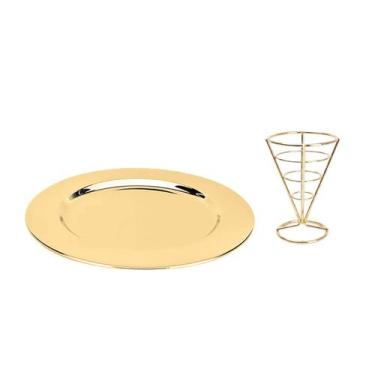 Imagem de Prato Dourado e Suporte Cachepot Inox Decoraçao Festa Buffet - casa ch