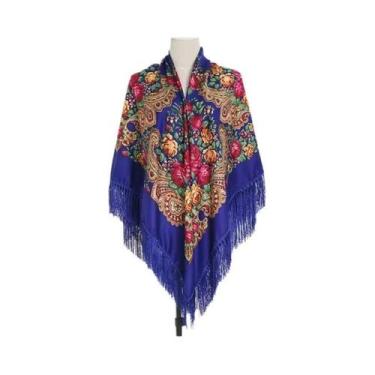Imagem de Lenço Quadrado Russo Feminino 160x160cm Com Estampa Floral E Borlas, X