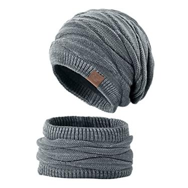 Imagem de Insun Conjunto de gorro de tricô para homens e mulheres, cachecol de laço térmico, folgado, com forro de lã, Cinza, Small-Medium