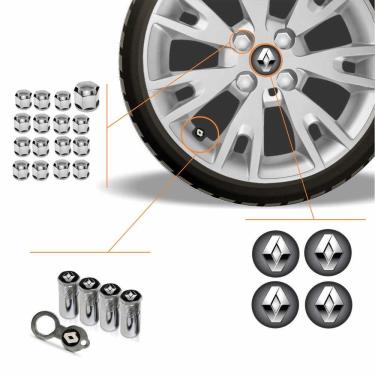 Imagem de Kit Acessórios Para Roda Calota Renault Emblema Resinado + Tampa Ventil Antifurto + Capa Parafuso