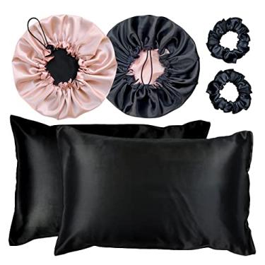 Imagem de Kit 2 Fronha De Cetim Seda + 2 Toucas + 2 Xuxinhas (Preto/Champagne)