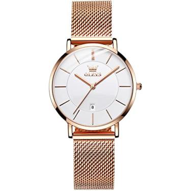 Imagem de Relógio feminino, relógio feminino OLEVS de pulso feminino de 6,5 mm de quartzo fino, relógio de pulso de aço inoxidável impermeável para mulheres (ouro rosa)
