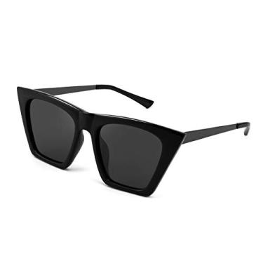 Imagem de FEISEDY Óculos de sol vintage polarizados quadrados olho de gato feminino moderno moderno óculos de sol polarizados B2692, Armação preta/lentes cinza, 55mm