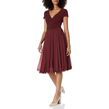 Imagem de Dress the Population Vestido midi feminino Corey Mídia Mídia Manga cavada evasê, Borgonha, XX-Small