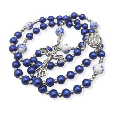 Imagem de Nazareth Store Rosário de contas de pérola com contas misteriosas de cerâmica, medalha milagrosa e crucifixo de Jesus de prata, 1.6" x 0.6" X 21.30", Zinco, Sem Pedra Preciosa
