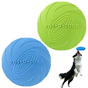 Imagem de XIGOU Disco voador, pacote com 2 brinquedos para cães pequenos e grandes - disco interativo de borracha macia, flutua na água e seguro nos dentes, 18 cm, azul e verde
