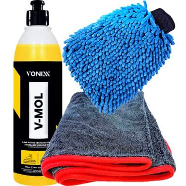 Imagem de Kit Toalha de Secagem 60x90 600gsm + Luva de Microfibra + Shampoo Lava Autos Desengraxante V-mol 500ml Vonixx