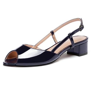 Imagem de WAYDERNS Sapato feminino Slingback de couro envernizado tira no tornozelo Peep Toe salto baixo grosso 3,8 cm, Azul marinho, 8