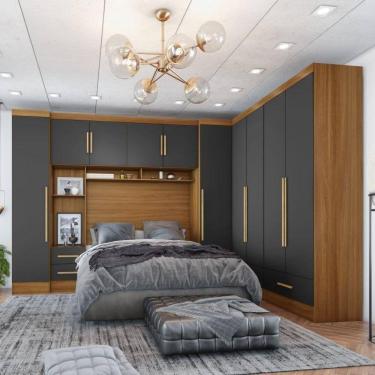 Imagem de Quarto De Casal Completo 5 Peças 6 Portas 4 Gavetas Com Maleiro Smart Plus Cinamomo/Cinza